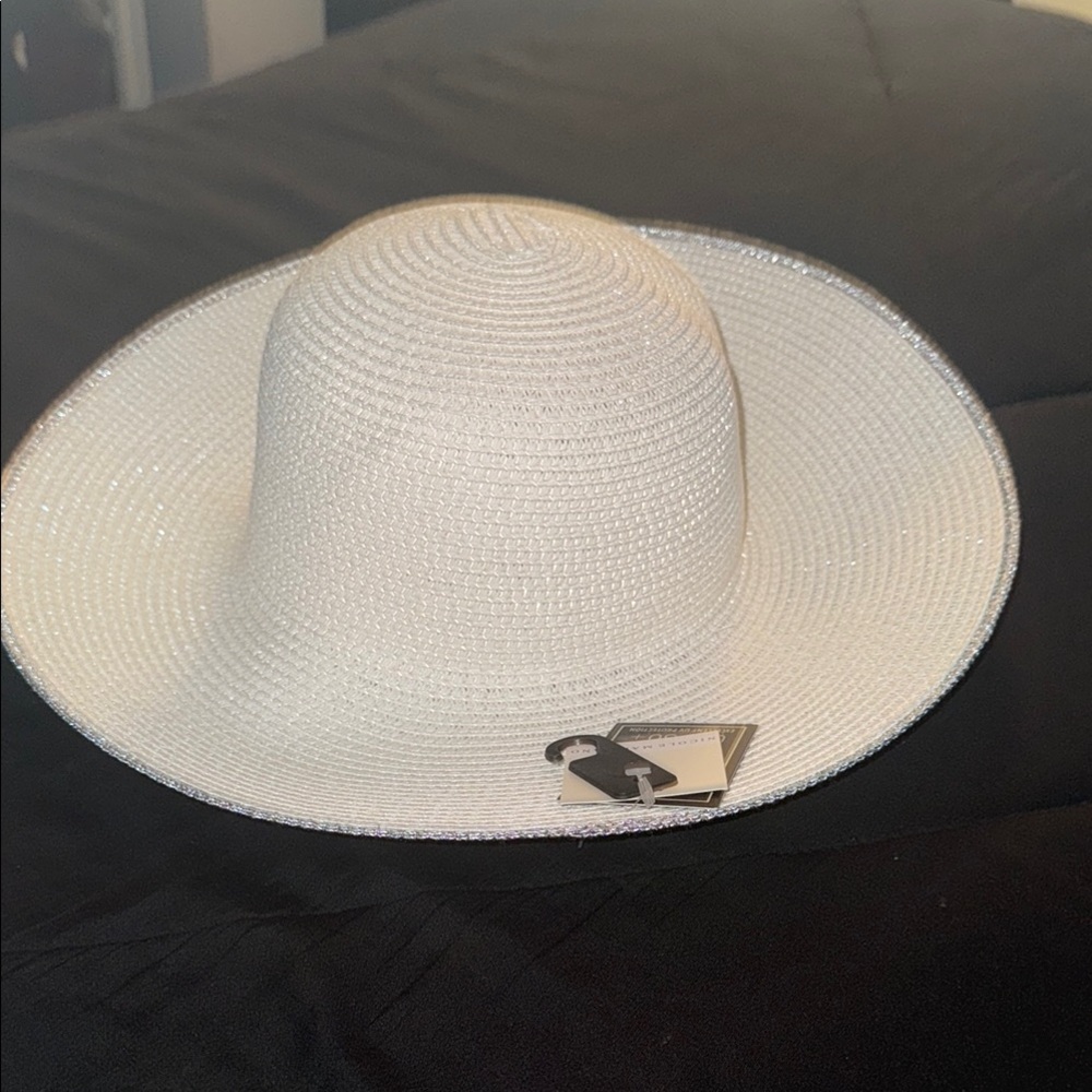 Nicole Marciano Elegant White Sun Hat with silver trim and UV Protection